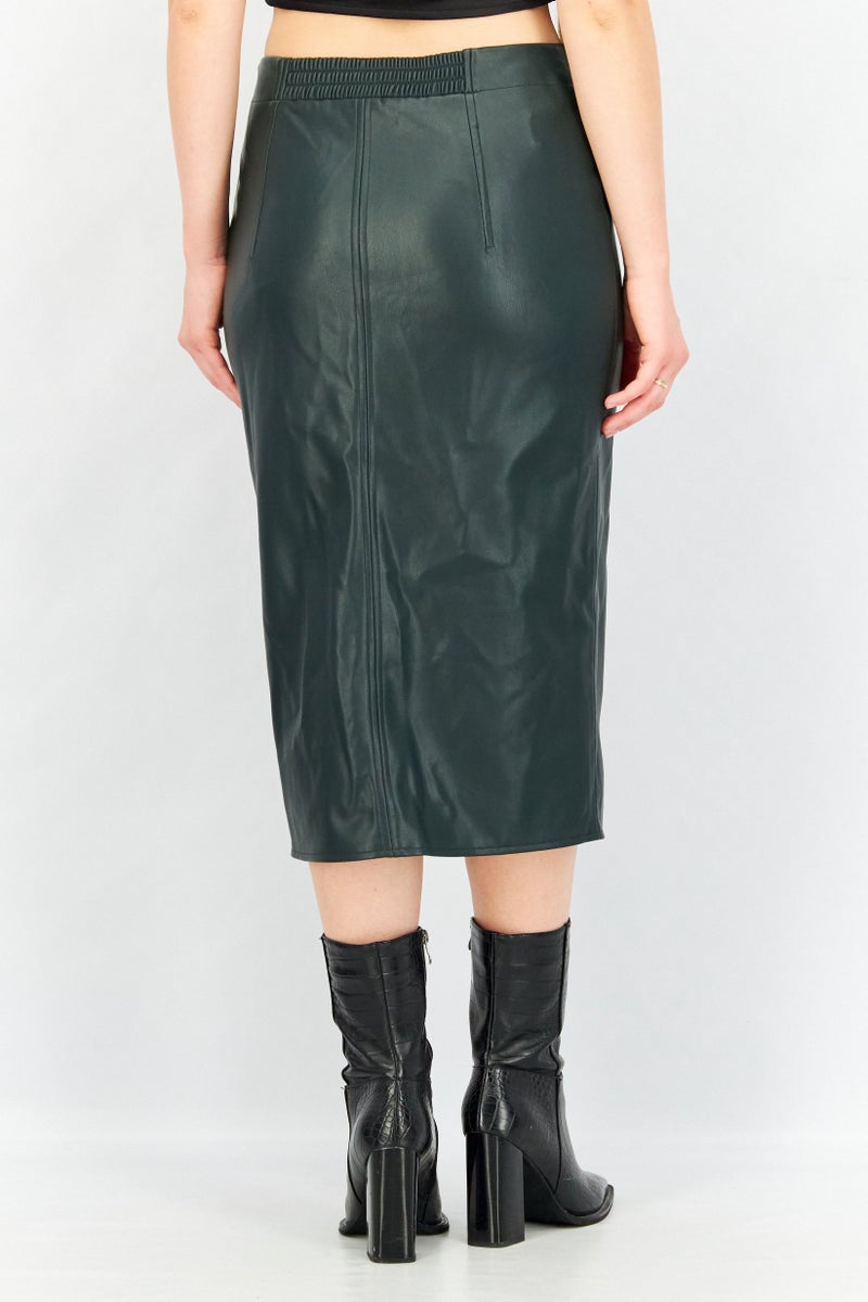 ESPRIT Women Solid Leather Midi Skirt, Dark Olive - Image 3