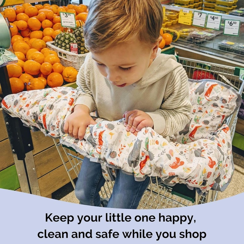 suessie Shopping Cart Cover for Baby or Toddler | 2-in-1 High Chair Cover | Compact Universal Fit | Unisex for Boy or Girl | Includes Carry Bag | Machine Washable | Fits Restaurant Highchair | Forest Animals - Image 2