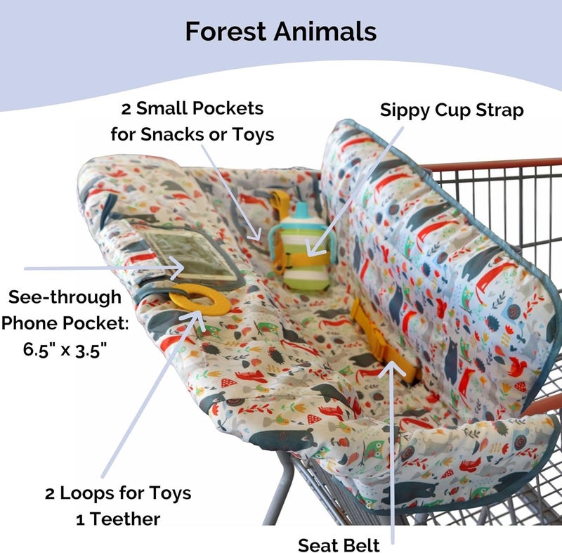 suessie Shopping Cart Cover for Baby or Toddler | 2-in-1 High Chair Cover | Compact Universal Fit | Unisex for Boy or Girl | Includes Carry Bag | Machine Washable | Fits Restaurant Highchair | Forest Animals - Image 3