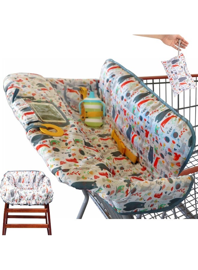suessie Shopping Cart Cover for Baby or Toddler | 2-in-1 High Chair Cover | Compact Universal Fit | Unisex for Boy or Girl | Includes Carry Bag | Machine Washable | Fits Restaurant Highchair | Forest Animals - Image 1