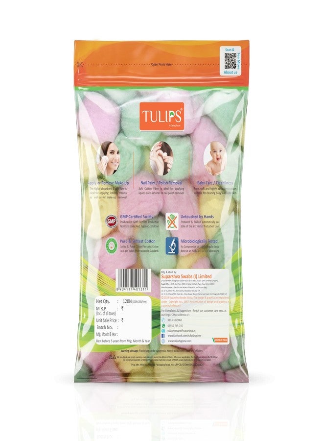 Tulips Color Cotton Balls 120 Count in Ziplock Bag, Soft & Absorbent Pure Cotton for Face Makeup Removal, Baby Care, & Crafts (Pack of 1) - Image 2