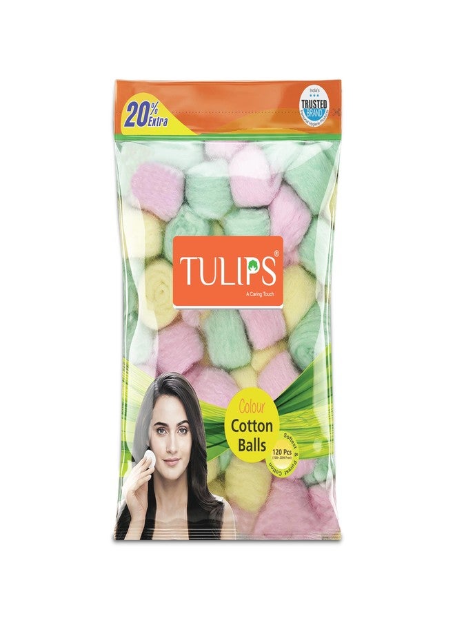 Tulips Color Cotton Balls 120 Count in Ziplock Bag, Soft & Absorbent Pure Cotton for Face Makeup Removal, Baby Care, & Crafts (Pack of 1) - Image 1