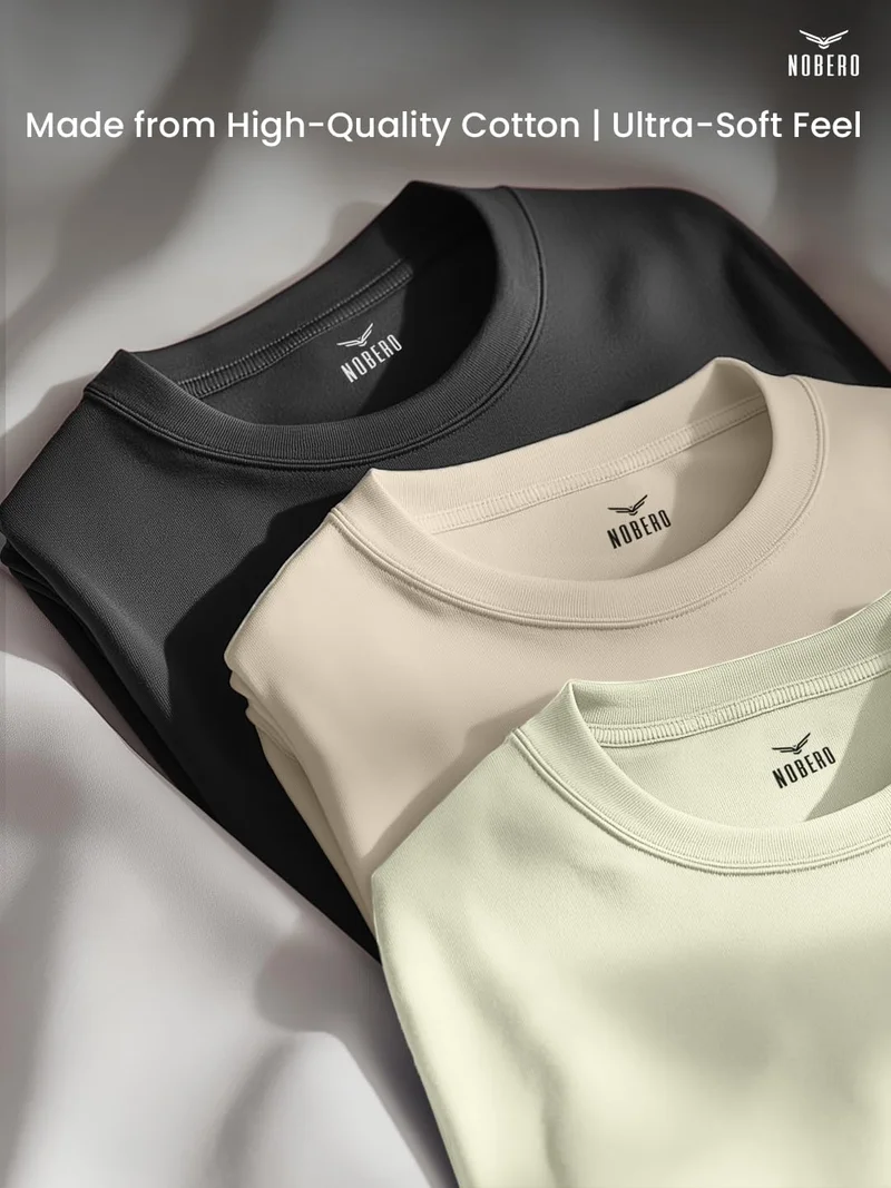 NOBERO Men's Solid Cotton T-Shirt Pack of 3