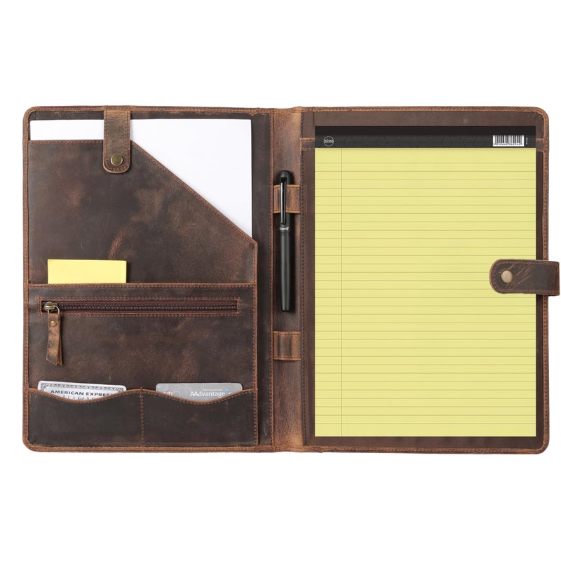 KomalC Leather Portfolio Folder with Luxury Pen and Button Closure | Business Padfolio for Professionals | Vintage Organizer with Legal Pad Holder & Card Slots (Distressed Tan) - Image 1