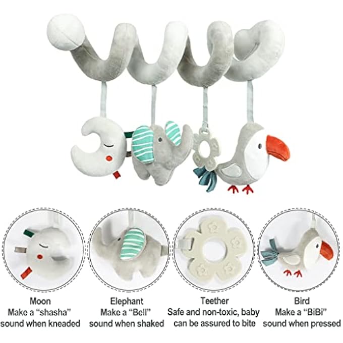 BABY CAR SEAT TOYS, ACTIVITY SPIRAL PLUSH HANGING WRAP AROUND PRAM PUSHCHAIR STROLLER TOYS, SENSORY EARLY EDUCATION TOY FOR TODDLER, GREY ELEPHANT - Image 5