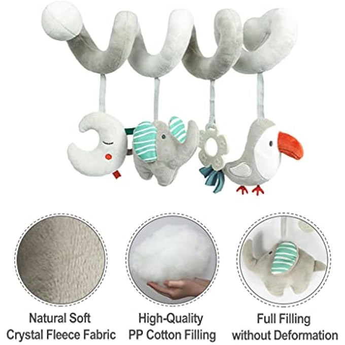 BABY CAR SEAT TOYS, ACTIVITY SPIRAL PLUSH HANGING WRAP AROUND PRAM PUSHCHAIR STROLLER TOYS, SENSORY EARLY EDUCATION TOY FOR TODDLER, GREY ELEPHANT - Image 3