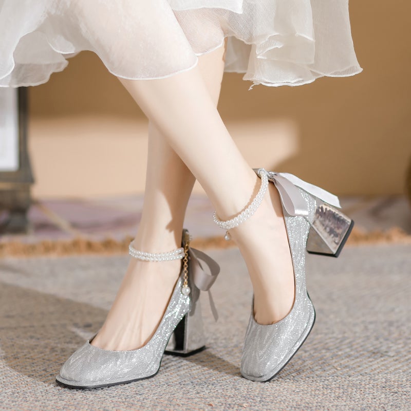 French-Style Elegant High Heels, Silver Wedding Shoes, Bridesmaid Shoes, 2025 Autumn New Square-Toe Mary Jane Pearl Shoes - Image 4