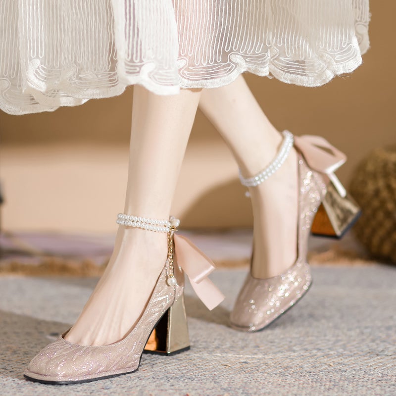 French-Style Elegant High Heels, Silver Wedding Shoes, Bridesmaid Shoes, 2025 Autumn New Square-Toe Mary Jane Pearl Shoes - Image 3
