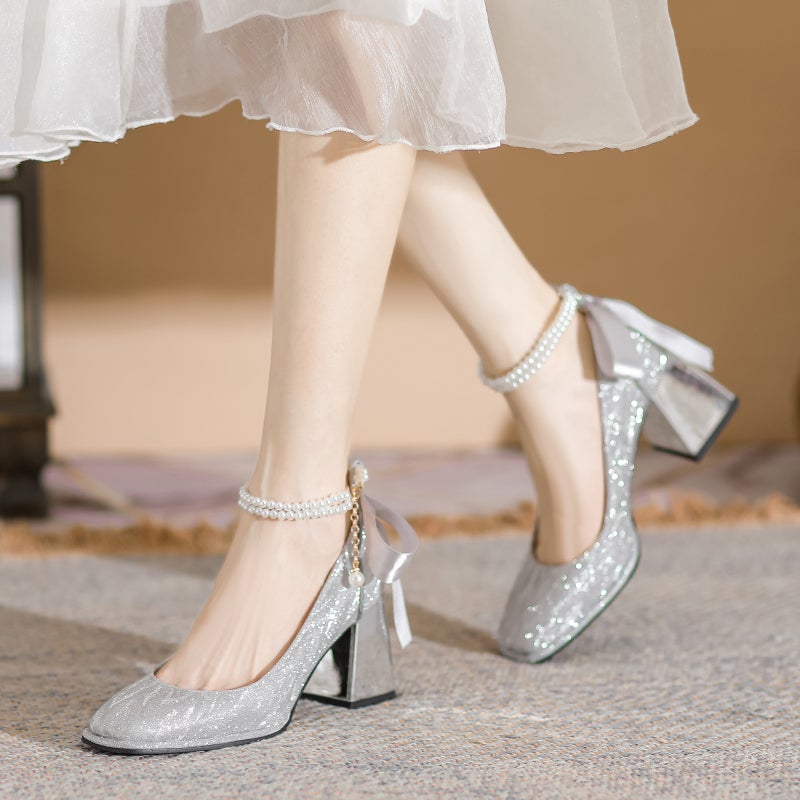 French-Style Elegant High Heels, Silver Wedding Shoes, Bridesmaid Shoes, 2025 Autumn New Square-Toe Mary Jane Pearl Shoes - Image 2