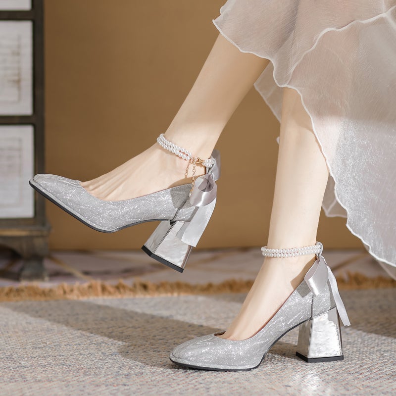 French-Style Elegant High Heels, Silver Wedding Shoes, Bridesmaid Shoes, 2025 Autumn New Square-Toe Mary Jane Pearl Shoes - Image 5