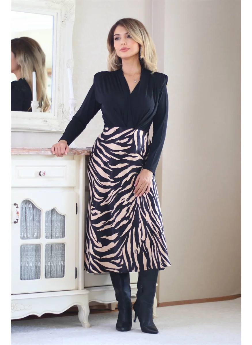 Ritnice Women's Beige Black Midi Satin Skirt