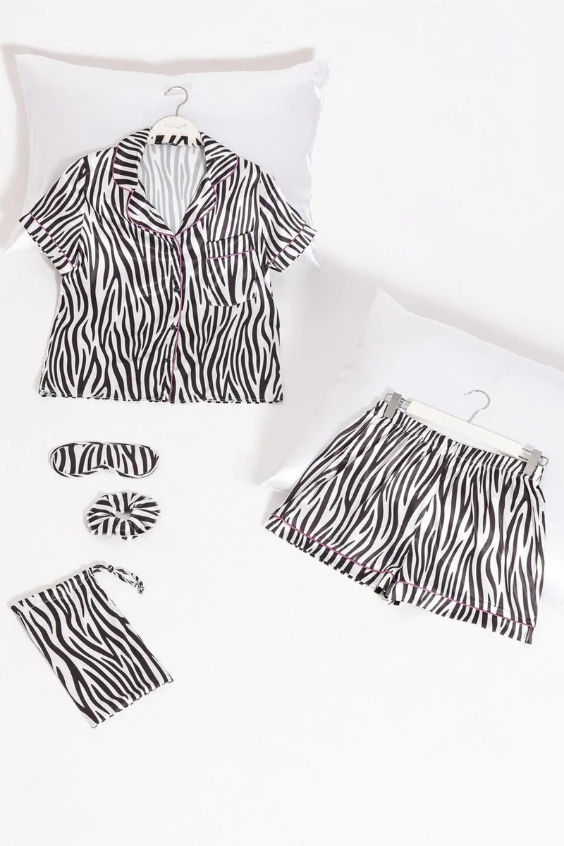 For You Moda 5-Piece Zebra Patterned Satin Pajama Shorts Set