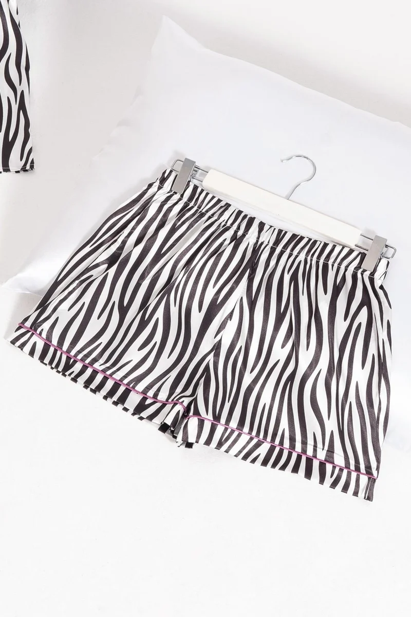 For You Moda 5-Piece Zebra Patterned Satin Pajama Shorts Set