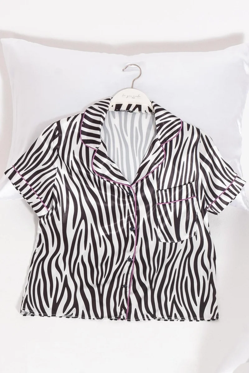 For You Moda 5-Piece Zebra Patterned Satin Pajama Shorts Set