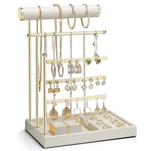 VLANDO Jewelry Stand Organizer with Ring Holder Tray Necklace and Earring Storage for Bracelets Watches and Rings PU Leather Covered Wooden Tray with Gold Metal Frame Beige - Image 1
