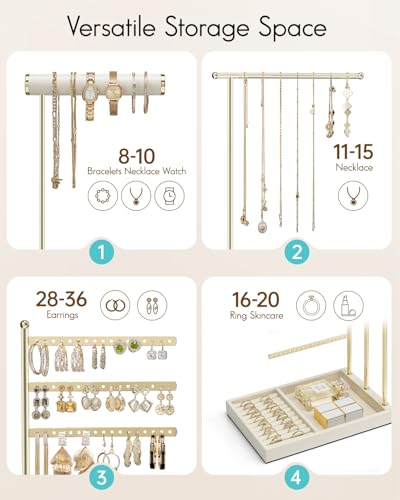 VLANDO Jewelry Stand Organizer with Ring Holder Tray Necklace and Earring Storage for Bracelets Watches and Rings PU Leather Covered Wooden Tray with Gold Metal Frame Beige - Image 3