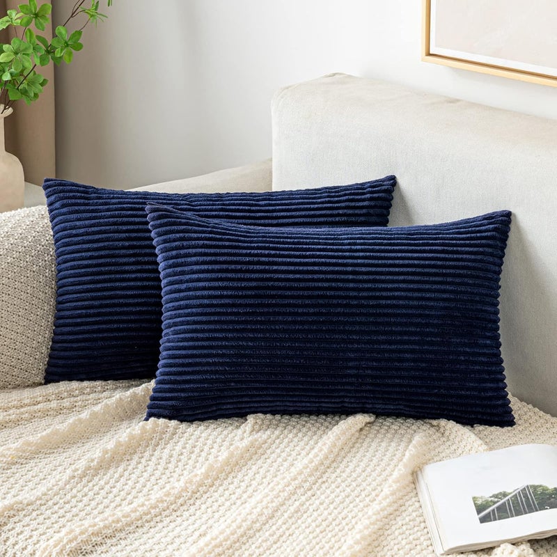 EMEMA Decorative Corduroy Cushion Cover for Sofa, Soft Pillowcase for Home, Living Room, Bedroom, Bed, Click, 30 x 50 cm, Set of 2, Navy Blue - Image 1
