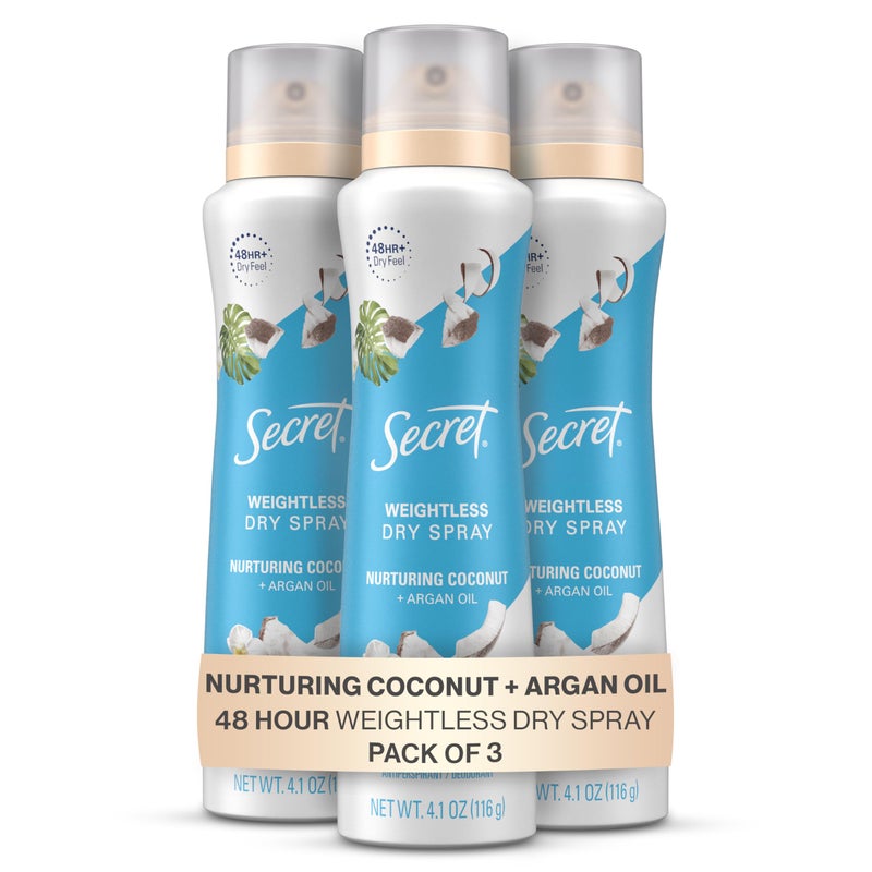 Secret Dry Spray Antiperspirant Deodorant, Nurturing Coconut and Argan Oil, 4.1 oz (Pack of 3) - Image 1