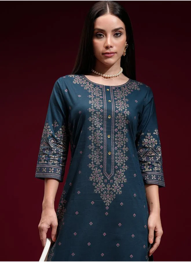 Vishudh Women Navy Blue Printed A-Line Kurta by Styli