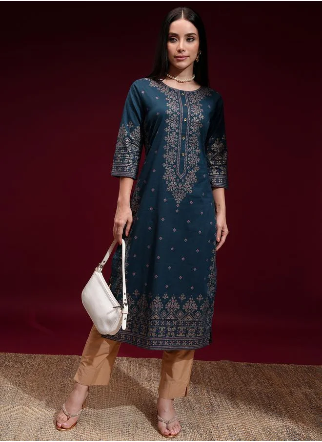 Vishudh Women Navy Blue Printed A-Line Kurta by Styli