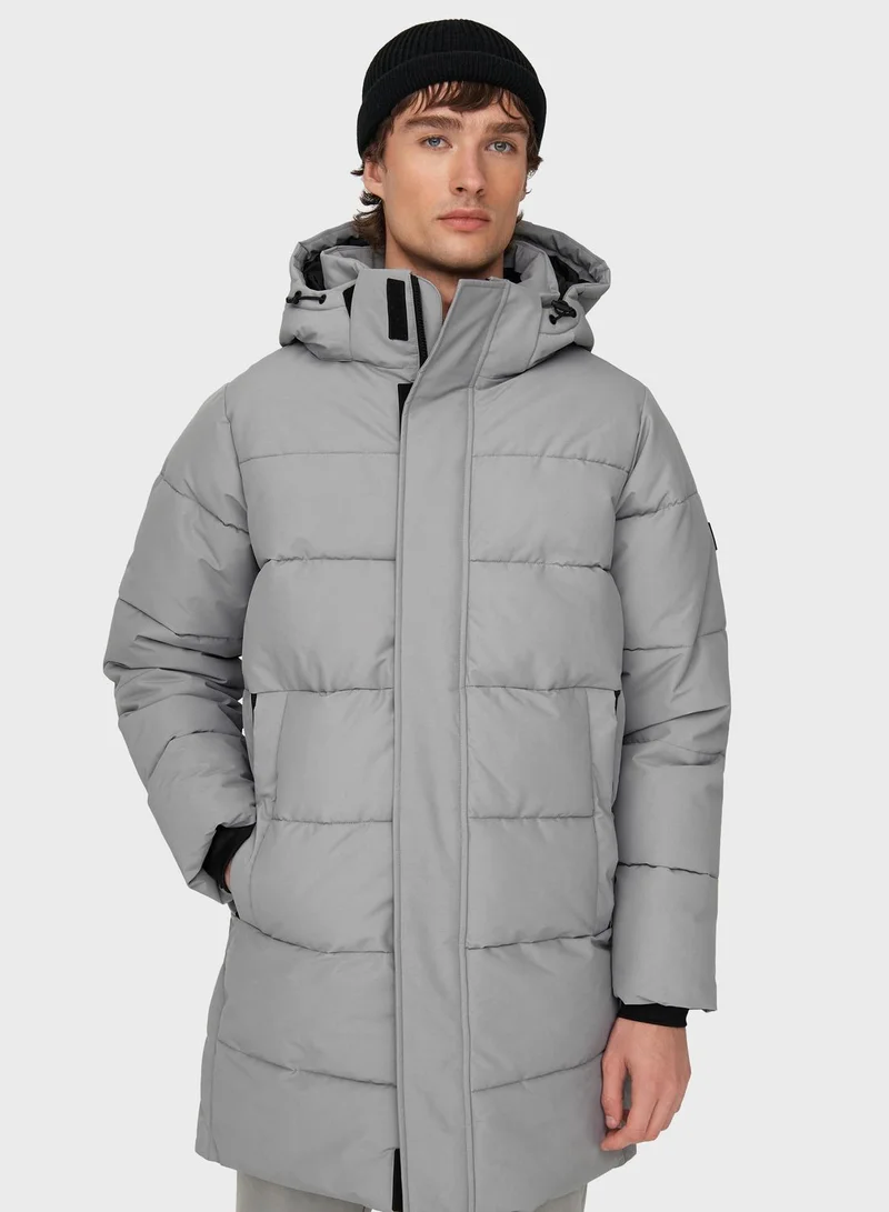Only & Sons Zippered Long Quilted Coat
