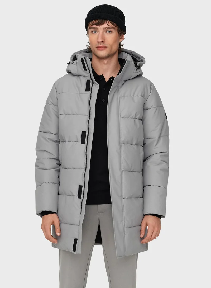 Only & Sons Zippered Long Quilted Coat
