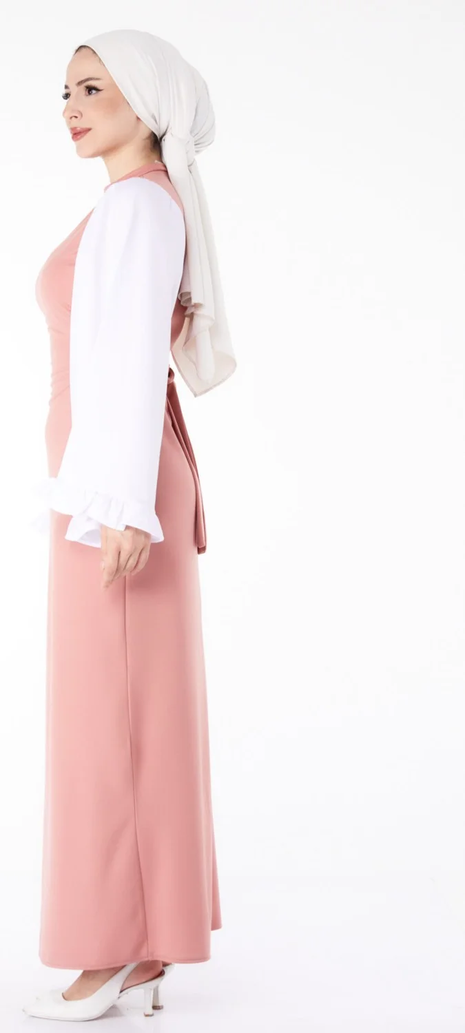 Tofisa Plain Judge Collar Women's Pink Spanish Sleeve Detail Dress - 13195