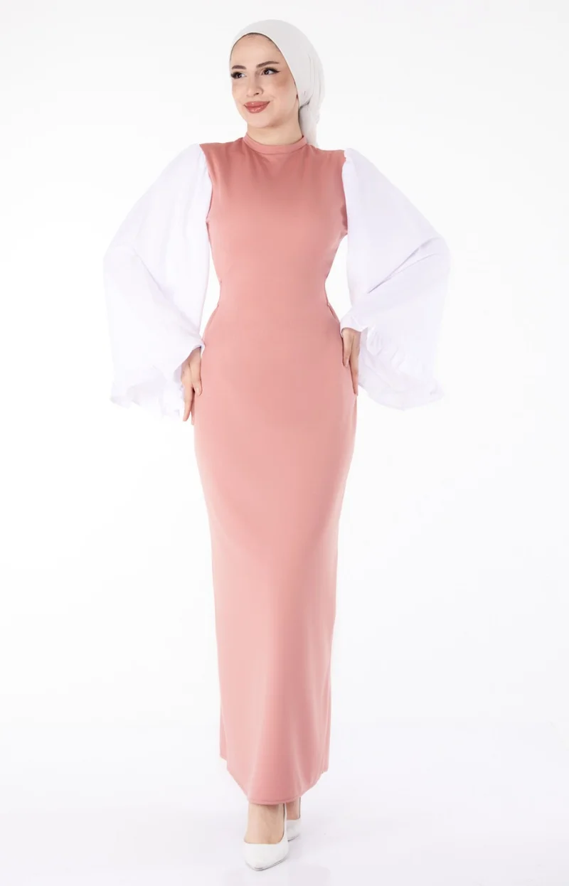 Tofisa Plain Judge Collar Women's Pink Spanish Sleeve Detail Dress - 13195