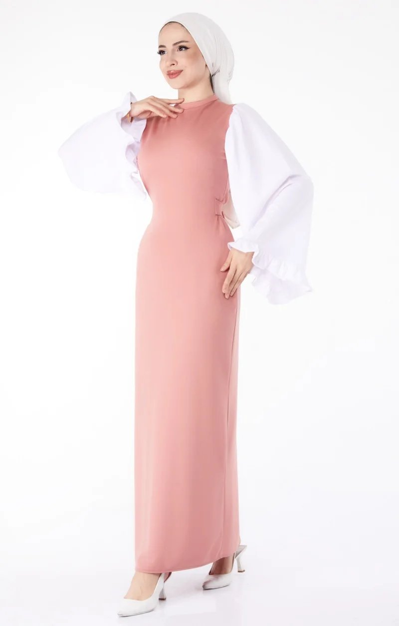 Tofisa Plain Judge Collar Women's Pink Spanish Sleeve Detail Dress - 13195