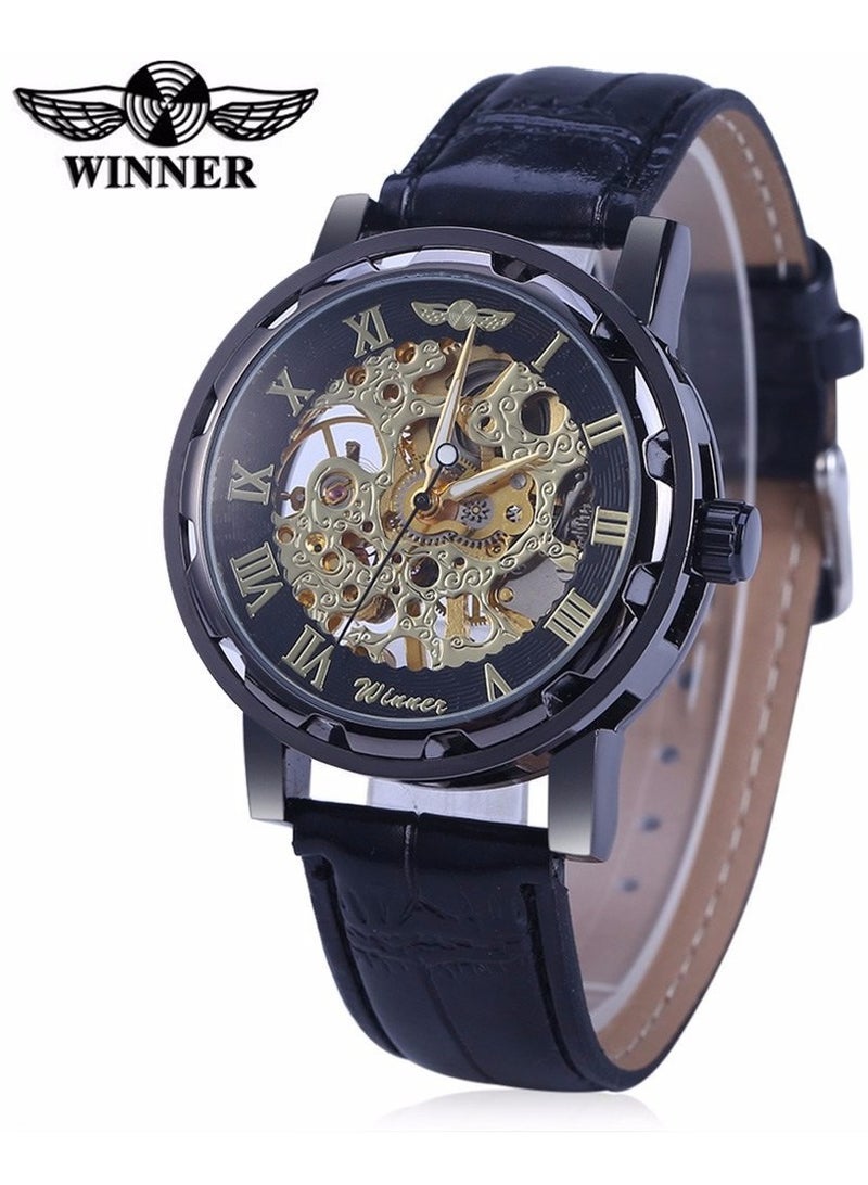Winner Men's Watch, Mechanical Skeleton Hand-Wind Steampunk Bling Watch for Men Women, Roman Numeral PU Leather Silver Rose-Gold Case Unisex Wrist Watch