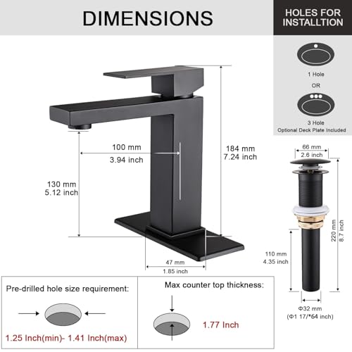 AVSIILE Matte Black Bathroom Faucet, Single Hole Vanity Bath Faucet, Single Handle Modern Stainless Steel Bathroom Faucets for Sink 1 Hole with Pop Up Drain Stopper & Water Supply Hoses - Image 4