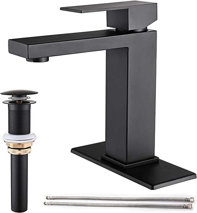 AVSIILE Matte Black Bathroom Faucet, Single Hole Vanity Bath Faucet, Single Handle Modern Stainless Steel Bathroom Faucets for Sink 1 Hole with Pop Up Drain Stopper & Water Supply Hoses - Image 2