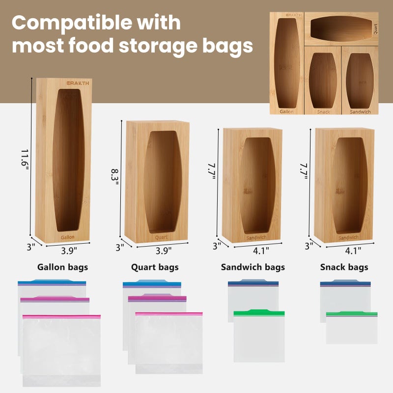 CRAKTH Bamboo Plastic Bag Storage Organizer for Kitchen Drawer, 4 Separate Baggie Organizer, Suitable for Gallon, Quart, Sandwich & Snack Variety Size Bag - Image 5