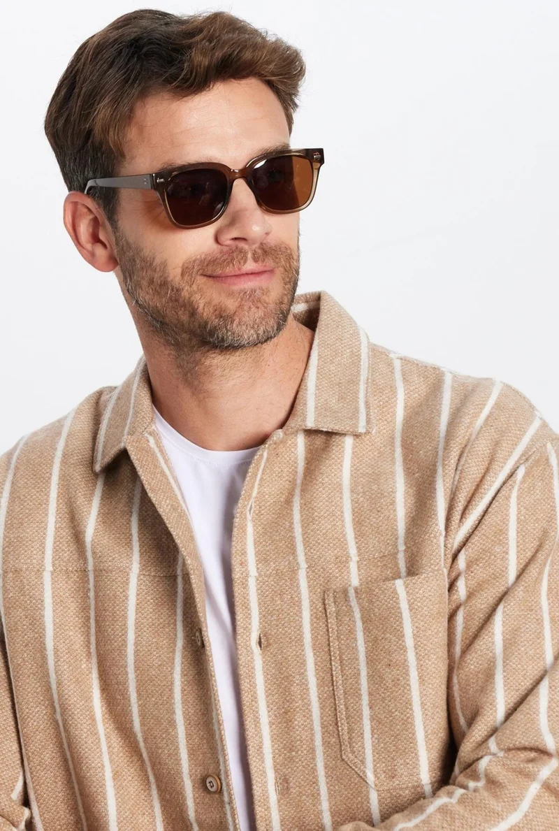 Tudors Men's Relax Fit Casual Cut Lumberjack Single Pocket Striped Ecru Winter Coat Shirt