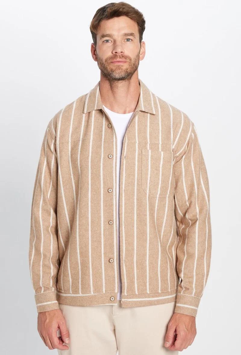 Tudors Men's Relax Fit Casual Cut Lumberjack Single Pocket Striped Ecru Winter Coat Shirt