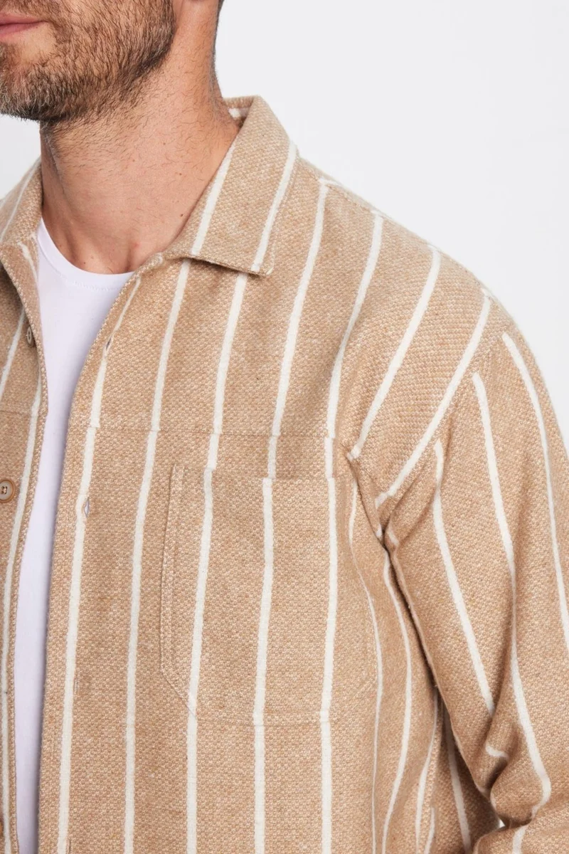 Tudors Men's Relax Fit Casual Cut Lumberjack Single Pocket Striped Ecru Winter Coat Shirt
