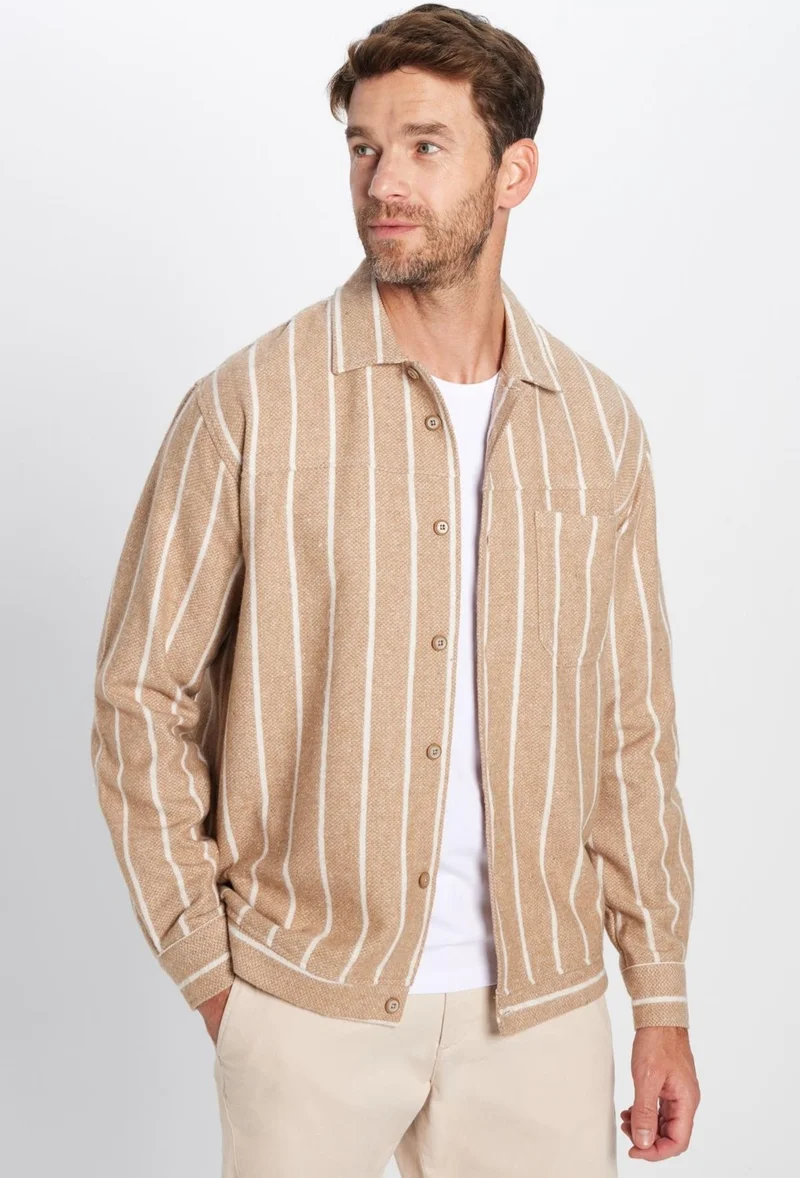 Tudors Men's Relax Fit Casual Cut Lumberjack Single Pocket Striped Ecru Winter Coat Shirt