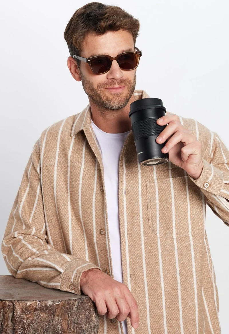 Tudors Men's Relax Fit Casual Cut Lumberjack Single Pocket Striped Ecru Winter Coat Shirt