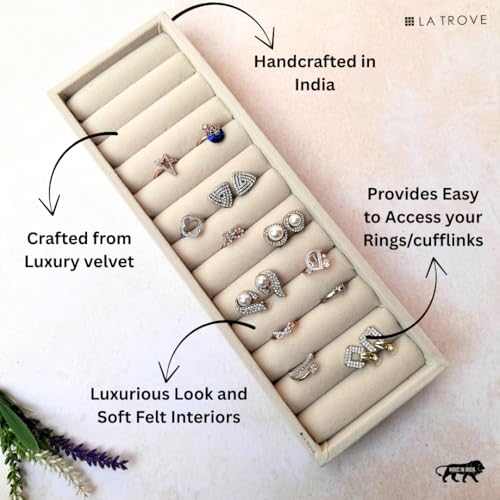 La Trove Velvet Ring Organizer Tray for Drawer | Jewelry Display Holder for Rings, Earrings & Cufflinks Storage | Stackable Jewellery Tray for Wardrobe | Cream - Image 2