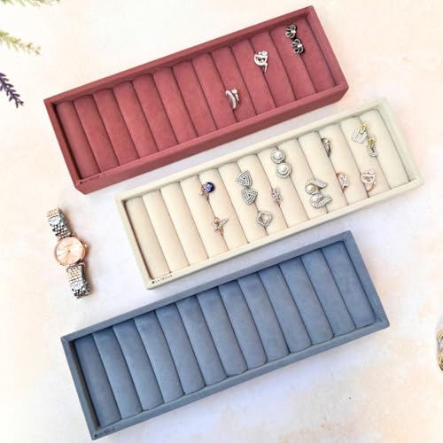 La Trove Velvet Ring Organizer Tray for Drawer | Jewelry Display Holder for Rings, Earrings & Cufflinks Storage | Stackable Jewellery Tray for Wardrobe | Cream - Image 5