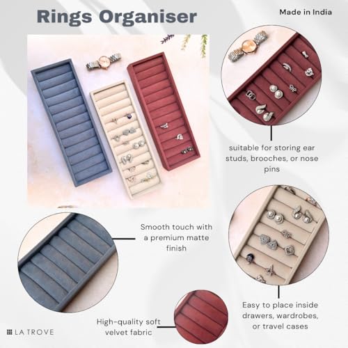 La Trove Velvet Ring Organizer Tray for Drawer | Jewelry Display Holder for Rings, Earrings & Cufflinks Storage | Stackable Jewellery Tray for Wardrobe | Cream - Image 4