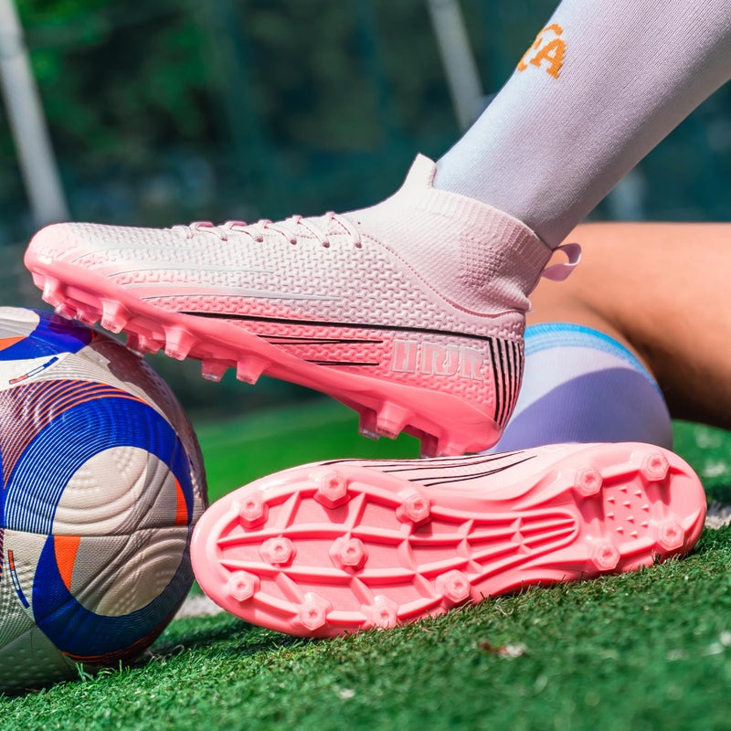 HRJR Men's Soccer Cleats Football Cleats for Unisex-Adult High-Top Spikes Shoes for Youth Lightweight Professional Training Turf Outdoor Athletic Sneaker Big Boys Pink 8.5 - Image 2