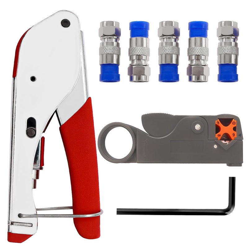 mxuteuk RG59 RG6 Coax Cable Crimper Tool Coaxial Compression Tool Fitting Wire Stripper With 5PCS F Type RG6 Compression Connectors - Image 1