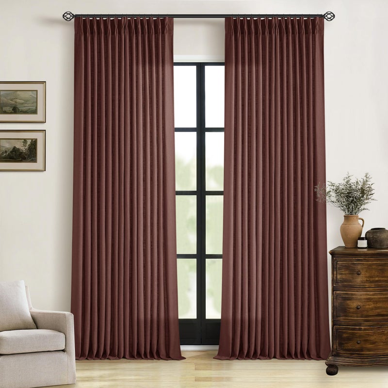 TWODRAPES Brown Red Linen Pinch Pleated Curtains 102 Inches Long for Living Room Pleated Drapes Hooks Back Tab Thick Linen Textured Boho Farmhouse Country Terracotta Maroon 102 Inch Curtain for Dining Bedroom - Image 1