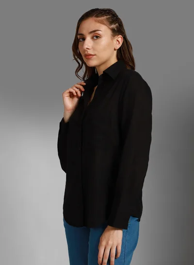 هاي ستار Black Oversized Spread Collar Long Sleeve Cotton Shirt for Women