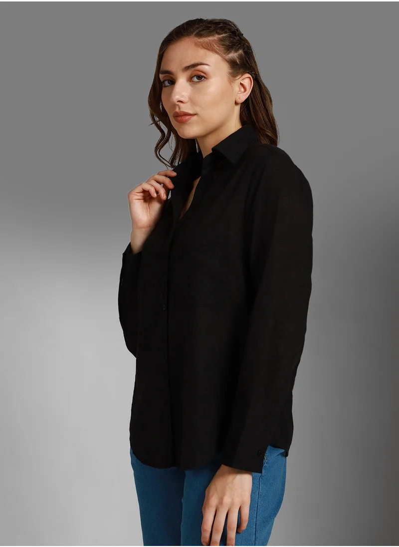 هاي ستار Black Oversized Spread Collar Long Sleeve Cotton Shirt for Women