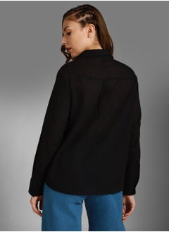 HIGH STAR Black Oversized Spread Collar Long Sleeve Cotton Shirt for Women  - Image 2