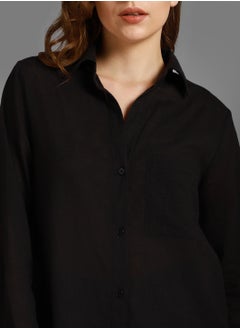 HIGH STAR Black Oversized Spread Collar Long Sleeve Cotton Shirt for Women  - Image 3