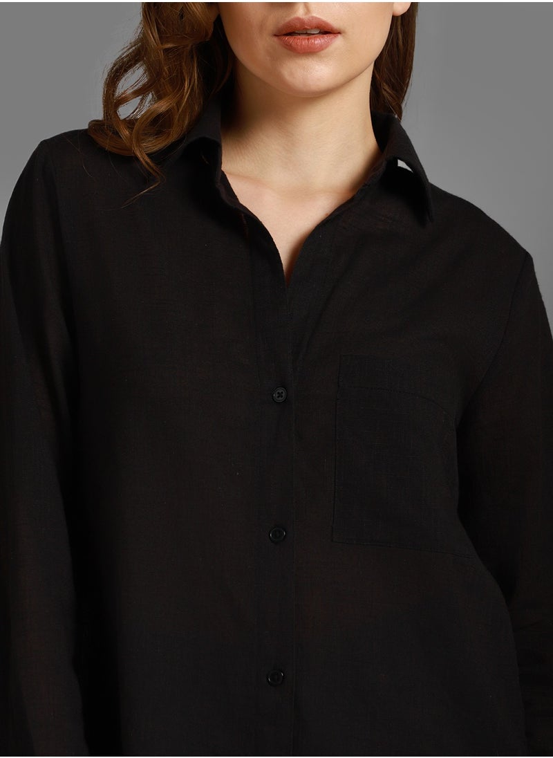 HIGH STAR Black Oversized Spread Collar Long Sleeve Cotton Shirt for Women  - Image 3
