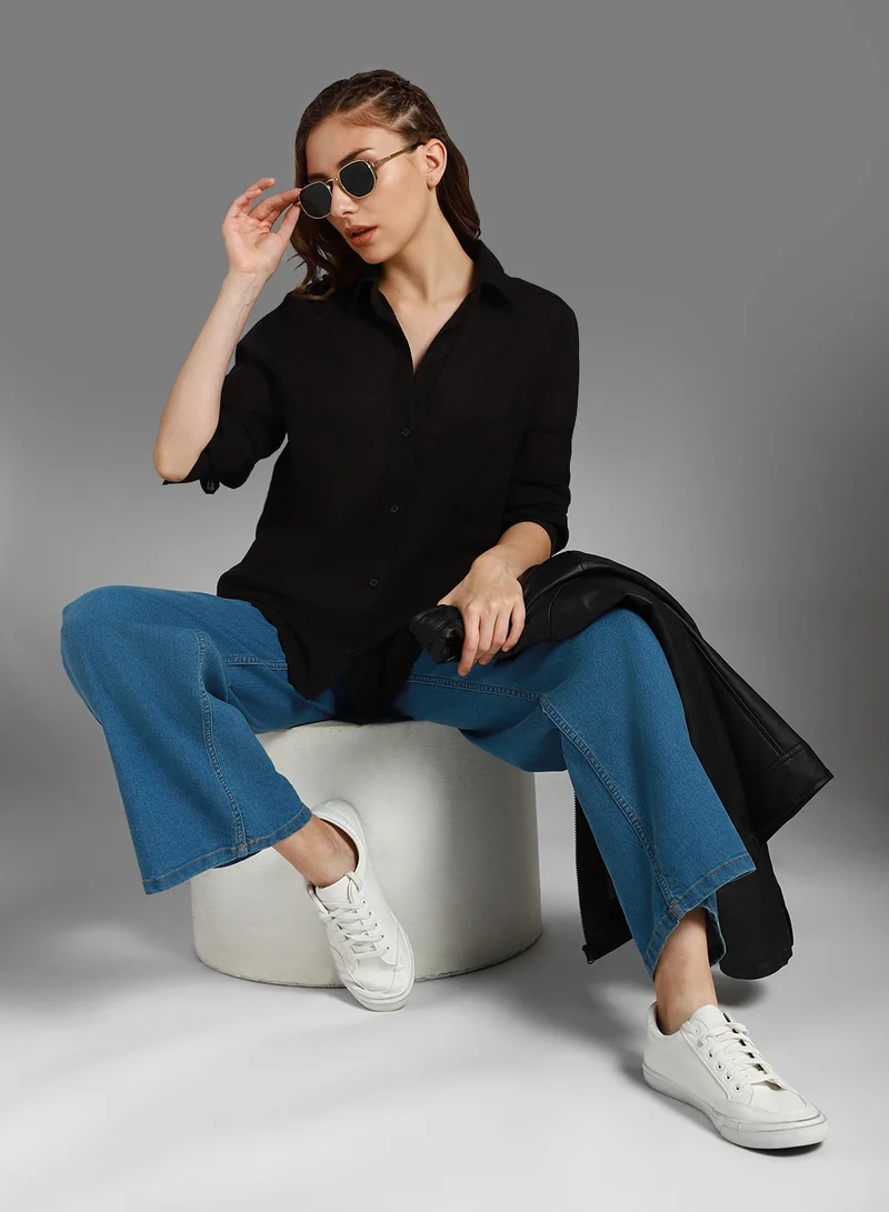 هاي ستار Black Oversized Spread Collar Long Sleeve Cotton Shirt for Women